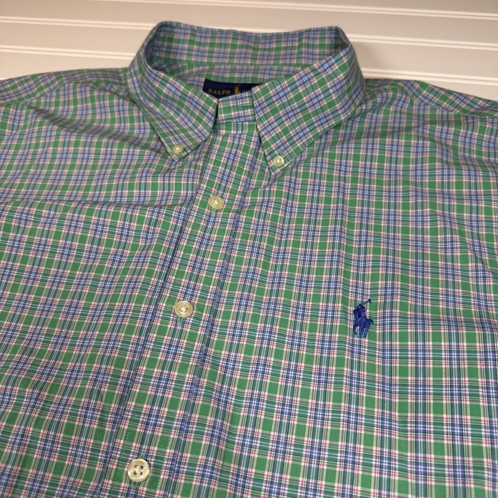 Ralph‎ Lauren Button Down Shirt Men's XL Plaid Green Blue GUC Preppy Blue Pony
